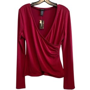 Express Deep Red Long Sleeve Faux Wrap Top Size Large